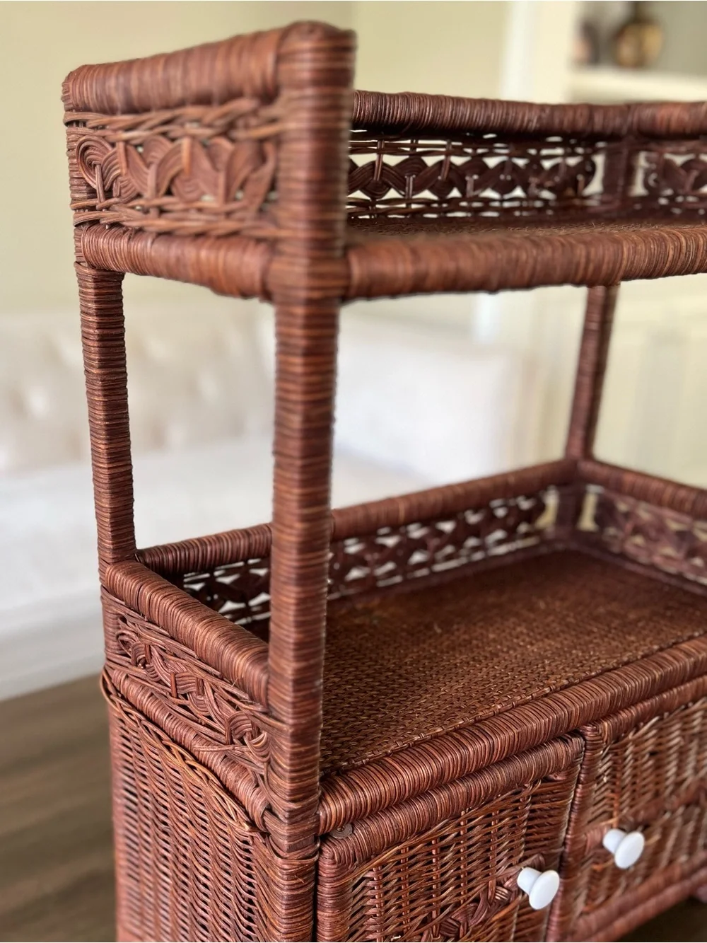 Vintage Brown Rattan Wicker Shelf Cabinet Charming Boho or Cottagecore Decor